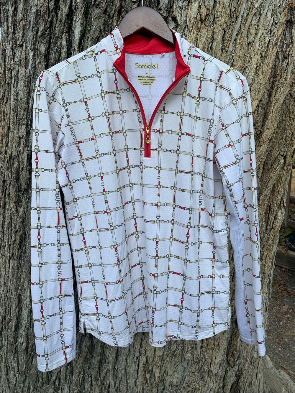 Sansoleil Men’s White Grid-Print Quarter-Zip Sweater with Red Trim